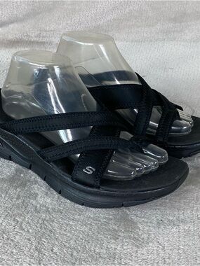 Skechers Arch Fit New Start Strappy Sandals Womens Size 11 Black Wedge NEW
